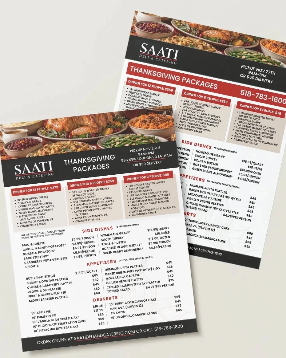 Holiday menu design featuring seasonal specials and catering platters for a Latham, NY deli