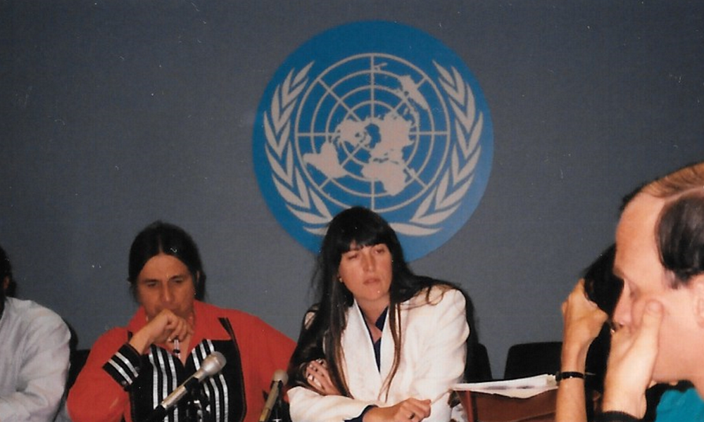 Founder Wilda Spalding at the United Nations working to help mediate peace during the Oka/Mohawk Mercier Bridge crisis in Quebec - Summer 1990