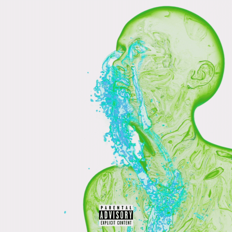 Abstract green figure with blue water-like texture on face, labeled with Parental Advisory Explicit Content sticker.
