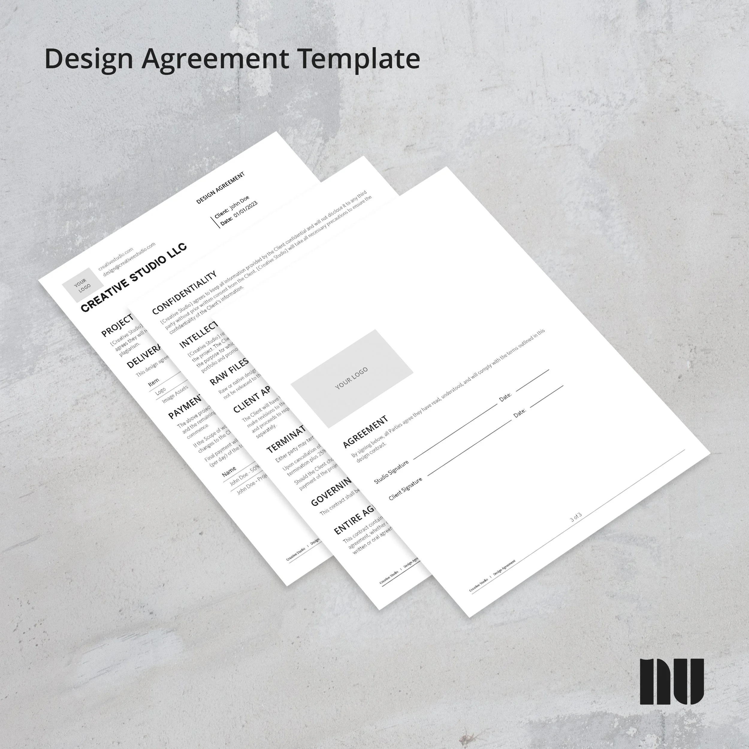 Design agreement template on textured background with company logo placeholder and sections for confidentiality, intellectual property, and client approval.