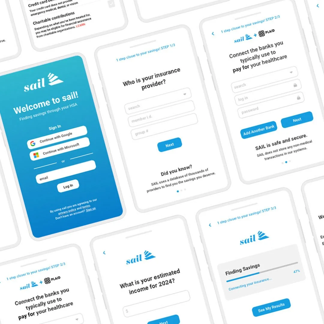 Screenshots of the Sail app interface showing a welcome screen, insurance provider input, bank connection, income estimation for 2024, and savings results progress.