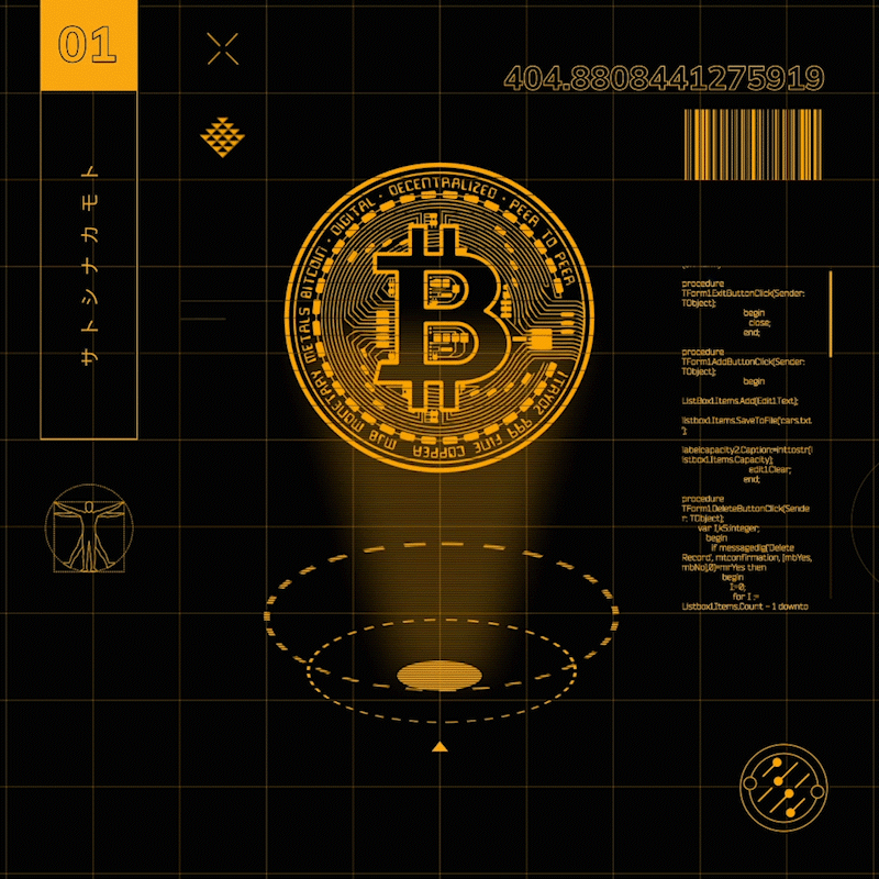 Futuristic graphic featuring a glowing Bitcoin symbol at the center, surrounded by digital elements like a barcode, programming code snippets, and technical diagrams. The design is in a dark grid style with orange and yellow highlights, suggesting themes of technology and cryptocurrency.