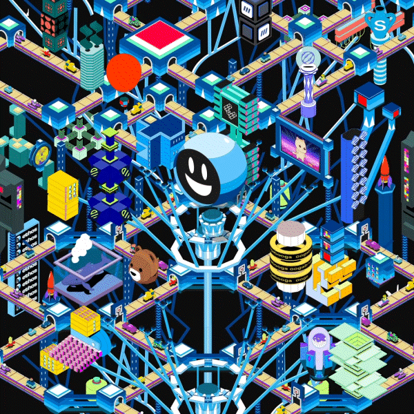 Colorful isometric illustration of a futuristic cityscape with digital elements, interconnected pathways, and abstract structures on a dark background.