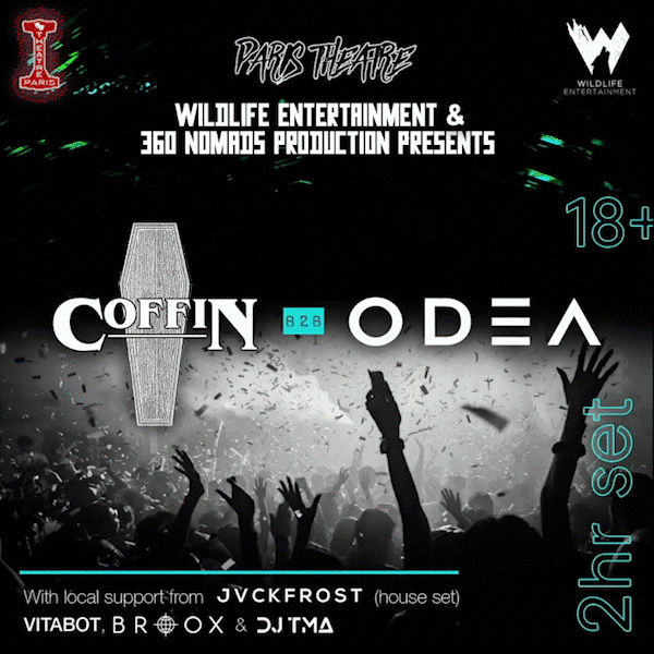 Concert poster for an event featuring Coffin and ODEA in a 2-hour set, presented by Wildlife Entertainment & 360 Nomads Production at Paris Theatre. Includes local support from JVCKFROST, VITABOT, BROOX, and DJ TMA. The poster shows a crowd with raised hands, and indicates it's 18+ only.