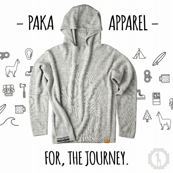 Gray knitted hoodie from Paka Apparel with outdoor-themed icons in the background, featuring text: 'For the journey.'