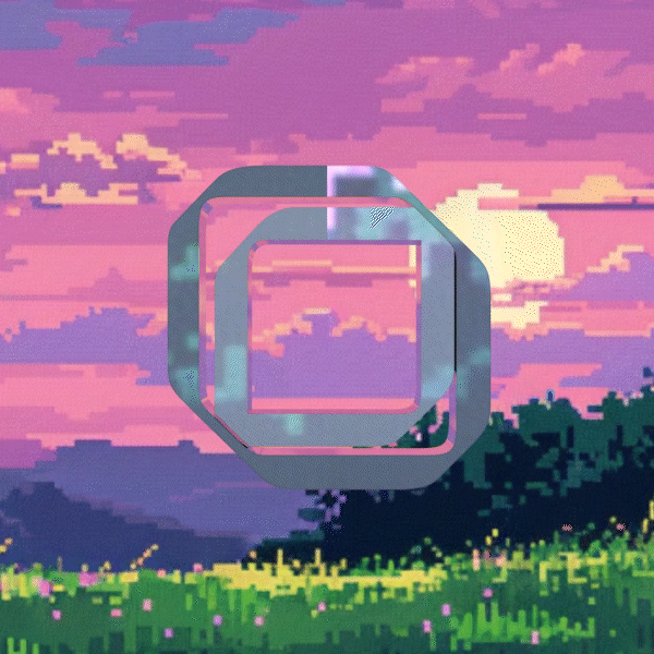 Pixel art landscape with a pink and purple sunset, silhouettes of trees, and a geometric metallic shape in the foreground.