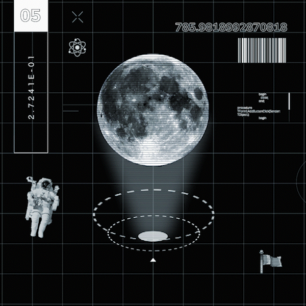 Digital illustration of an astronaut floating in space near the moon, with technical grid and data overlay. Includes numbers, symbols, and a barcode for a futuristic design aesthetic.