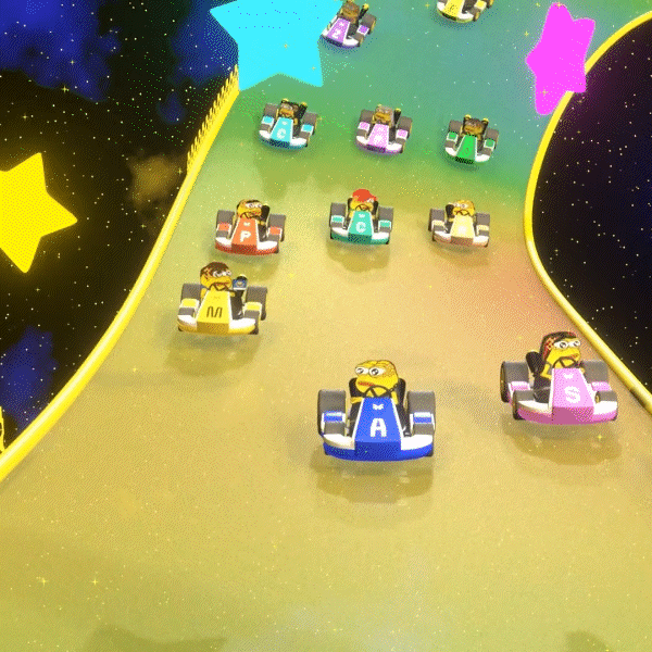 Colorful cartoon karts on a winding rainbow track with large 3D stars in space-themed background.