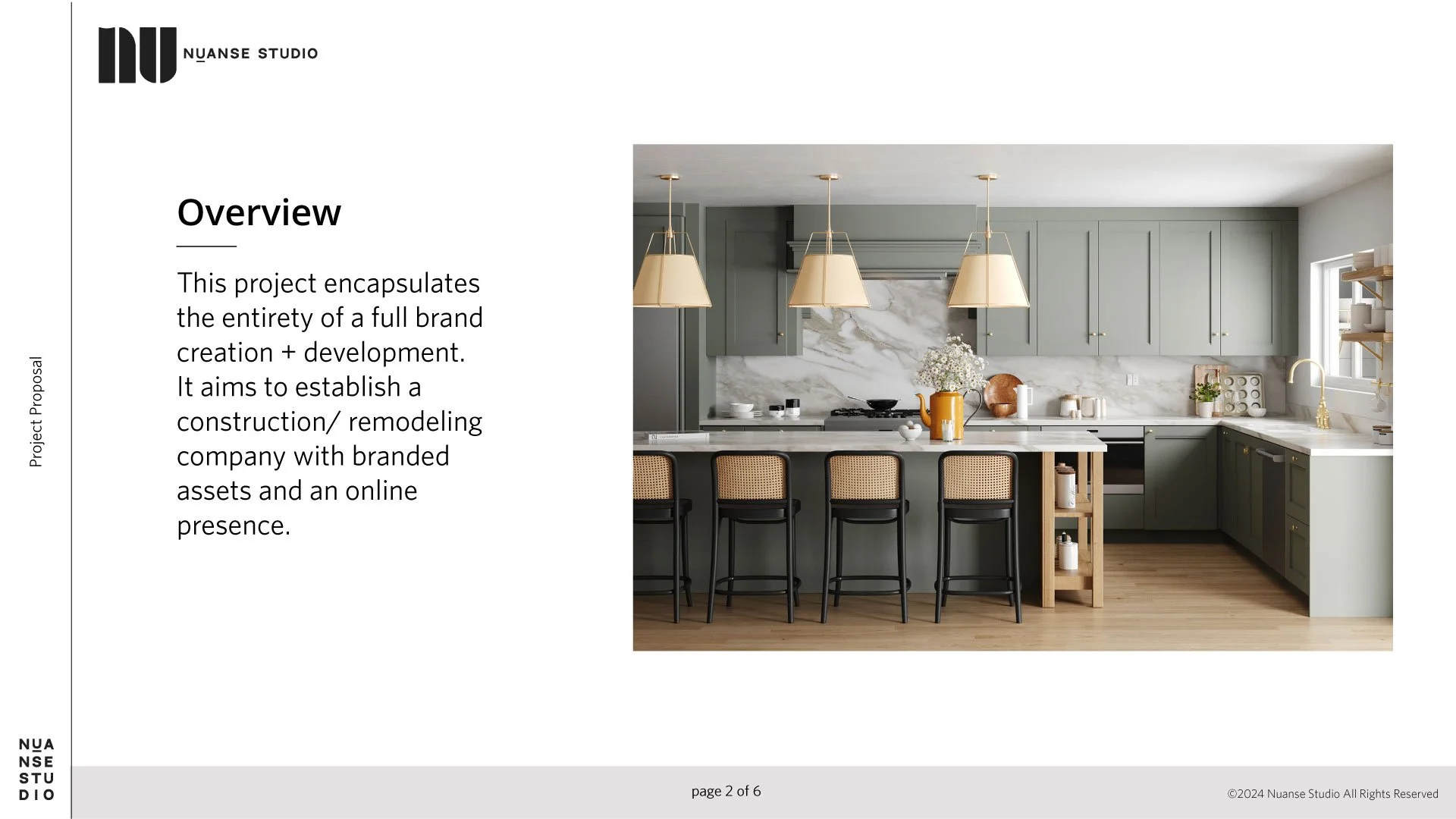 Overview of Nuanse Studio project proposal featuring a modern kitchen design with gray cabinets, marble backsplash, island with barstools, and pendant lights.