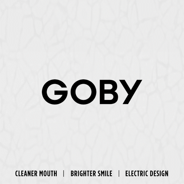 Goby electric toothbrush advertisement with text 'Cleaner Mouth | Brighter Smile | Electric Design' on a textured background.