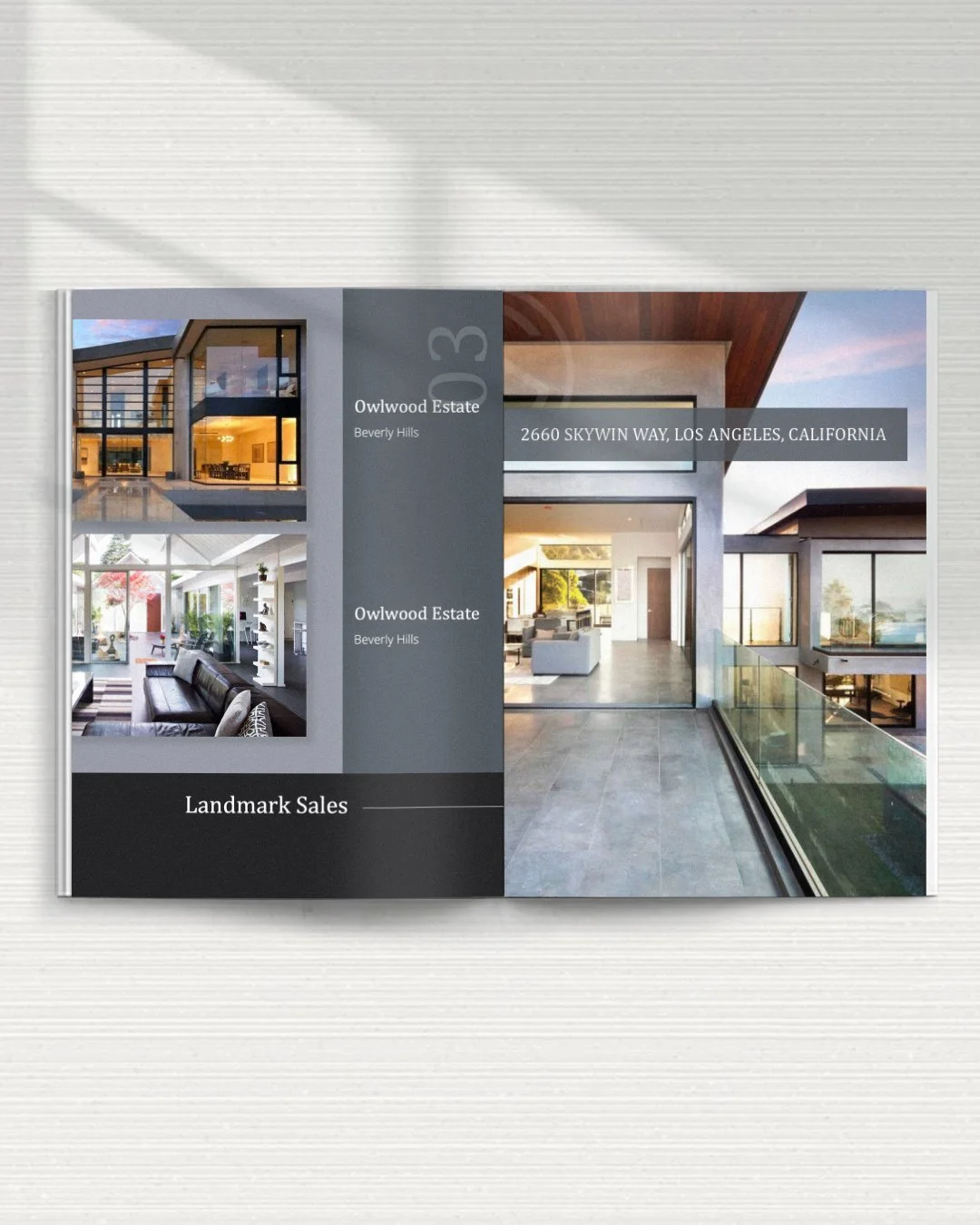 Open brochure displaying luxury real estate properties, featuring modern architecture with large windows and elegant interiors. Includes text: "Owlwood Estate, Beverly Hills" and "2660 Skywin Way, Los Angeles, California.""