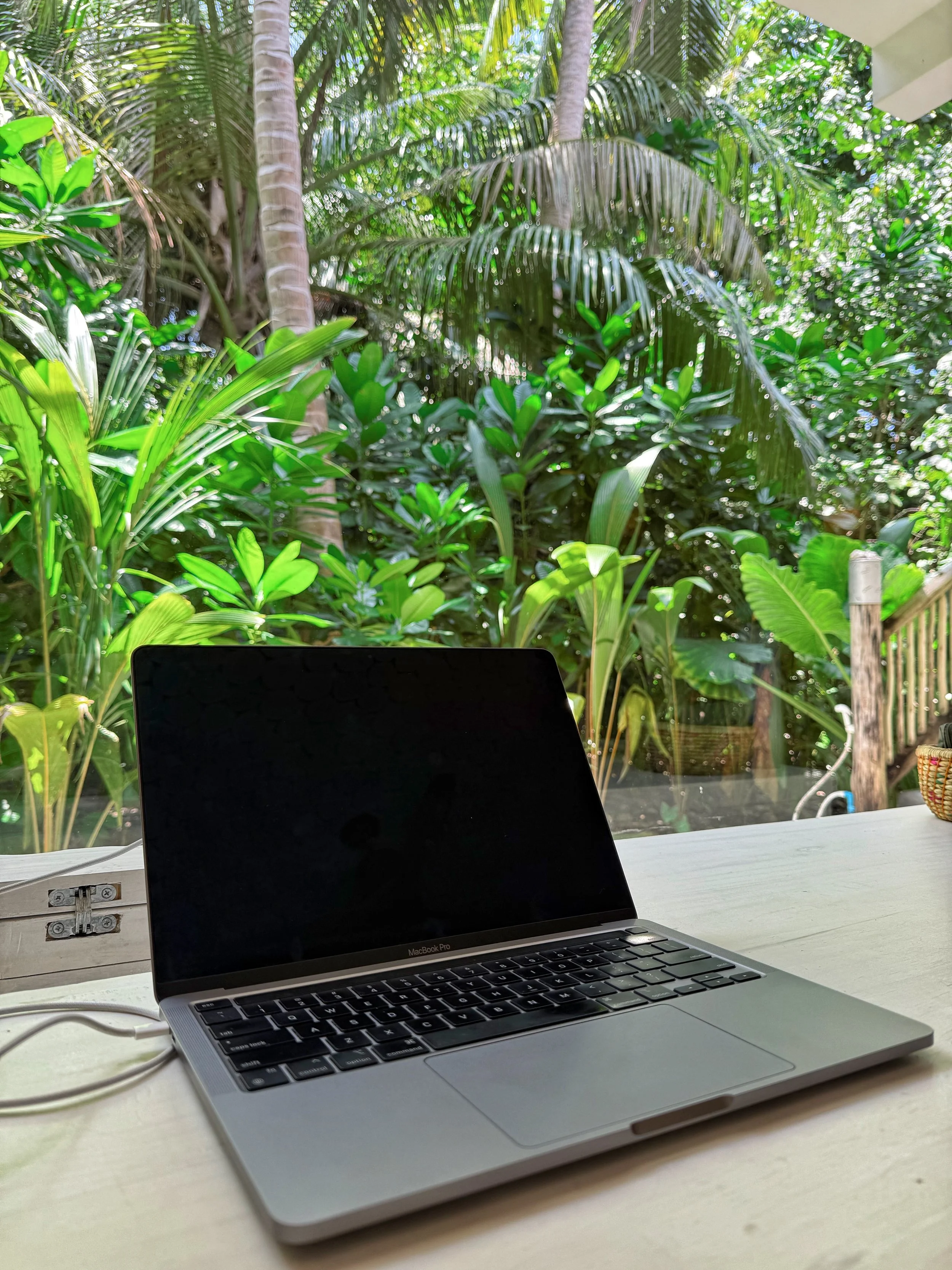 A silver MacBook Pro laptop with a black screen, placed on a light-colored table, surrounded by lush green tropical plants and trees outside, with sunlight filtering through the foliage.