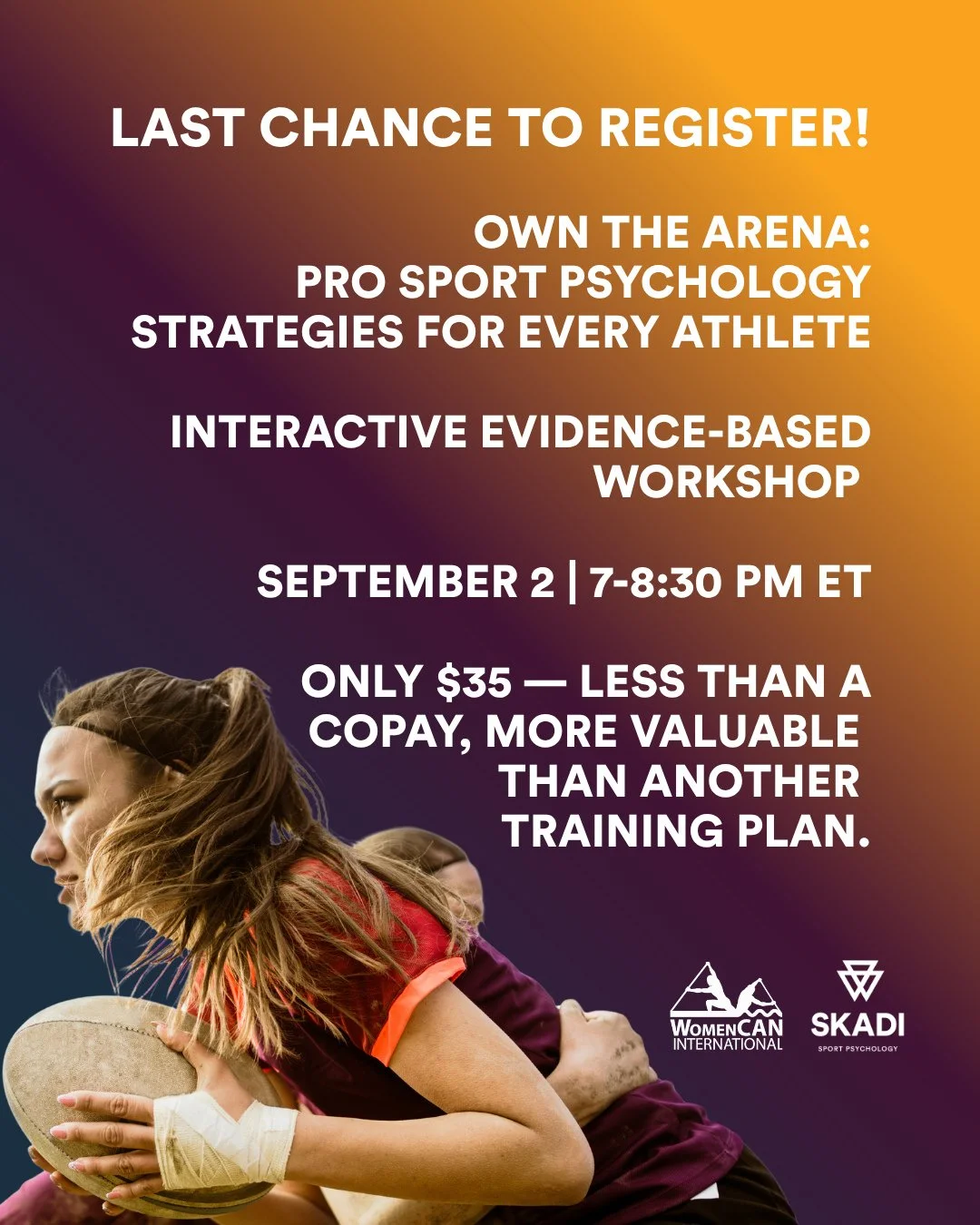 Last chance to register for tonight's workshop with WomenCAN International and Dr. Erin Ayala.⁠
⁠
We'll explore the core lessons athletes need but rarely learn:⁠
⁠
1. Let the difficult thoughts and feelings in (without letting them take over)⁠
2. You