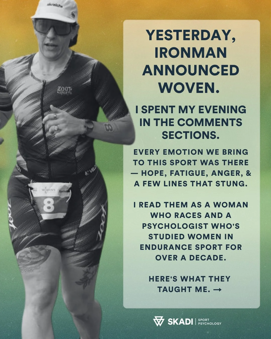 Yesterday, Ironman announced Woven. I spent my evening in the comment sections. You can imagine how that went.⁠
⁠
I read the comments as a woman who races, as a psychologist who's researched how women and gender-expansive athletes experience enduranc