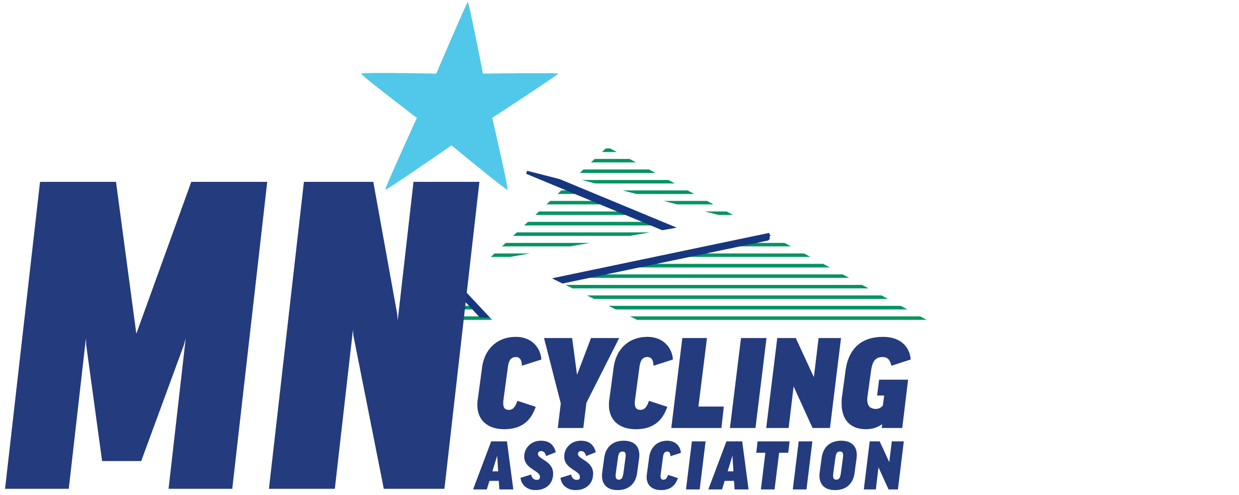 Logo of the Minnesota Cycling Association featuring a blue star, stylized green and blue mountain, and bold blue text.