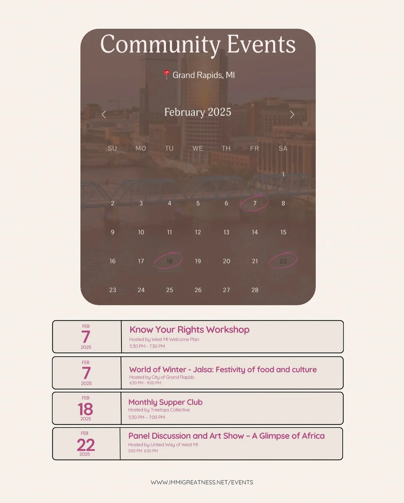 TGIF! We have some amazing community events coming up, starting today!! 🤩 More information about each event is listed on our website with a direct link to RSVP (if required). 

We hope everyone is enjoying February! 💌🫶

📍Visit ImmiGreatness.net/e