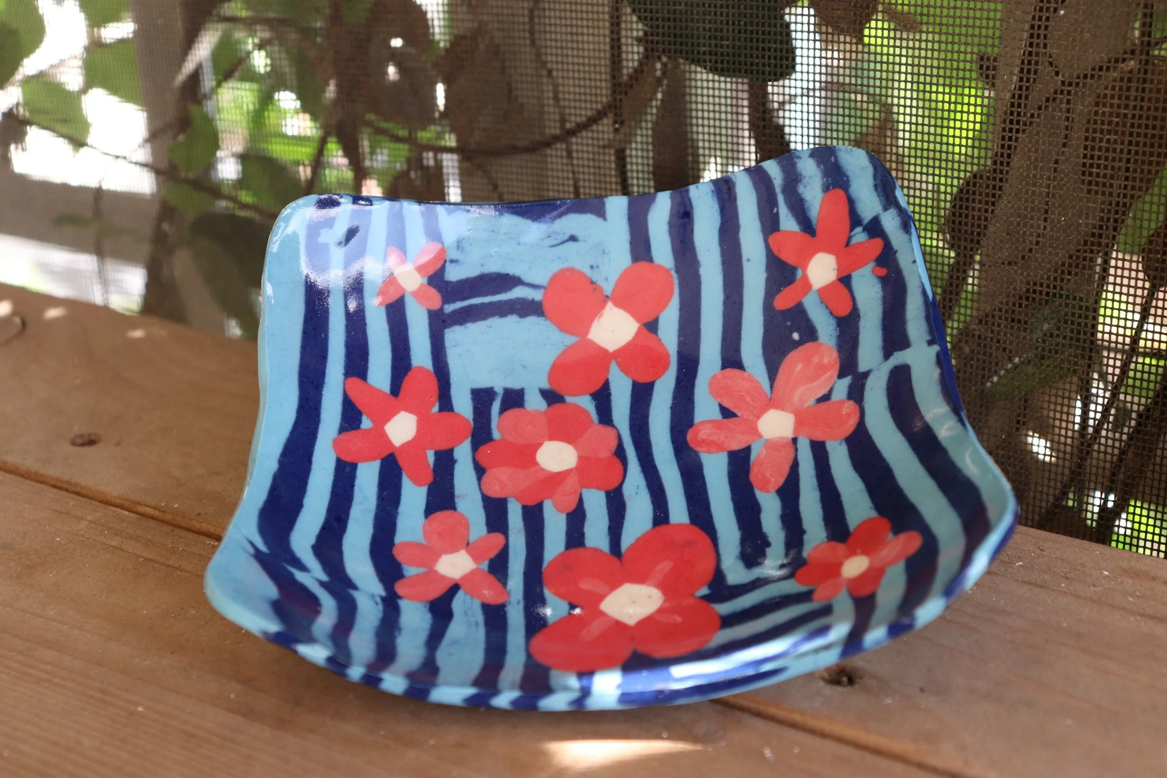 blue stripe with flowers dish