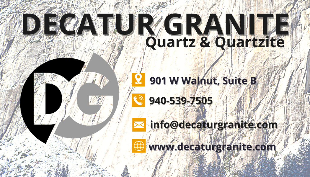 Decatur Granite business card with contact information including address, phone number, email, and website. Background features a rocky texture.