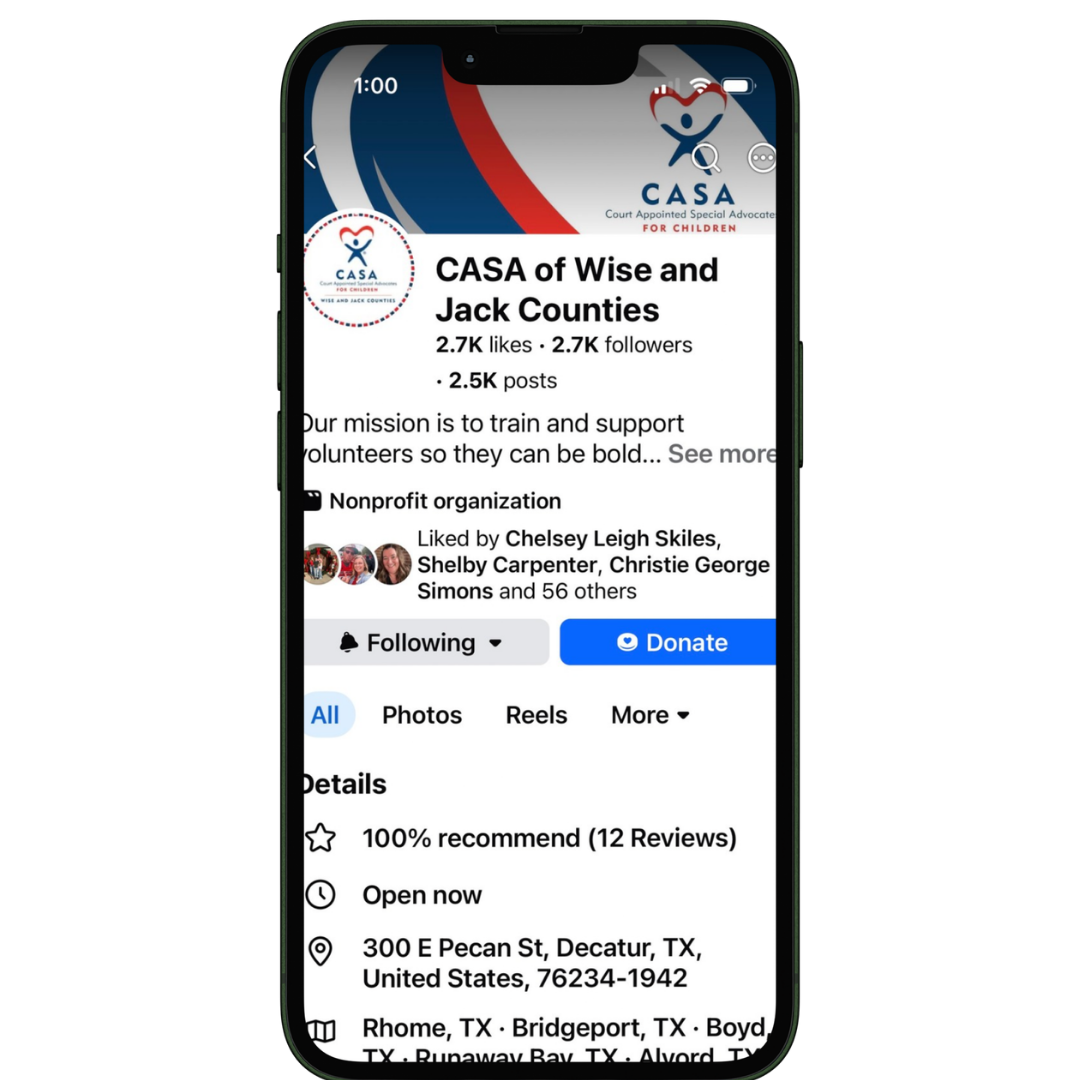 Facebook page of CASA of Wise and Jack Counties, social media marketing by Wise Marketing in Decatur, Tx.