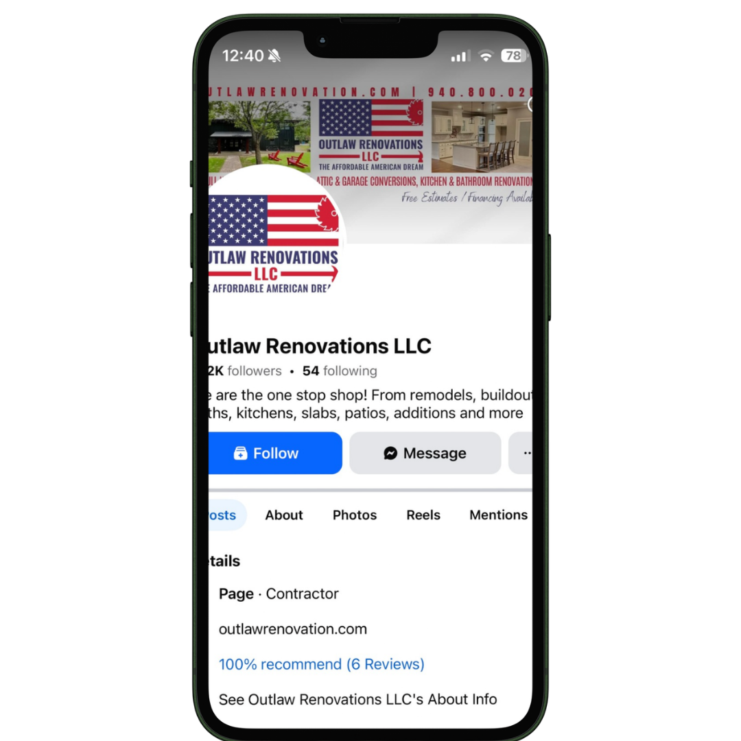 Outlaw Renovations LLC Facebook page, social media management by Wise Marketing.