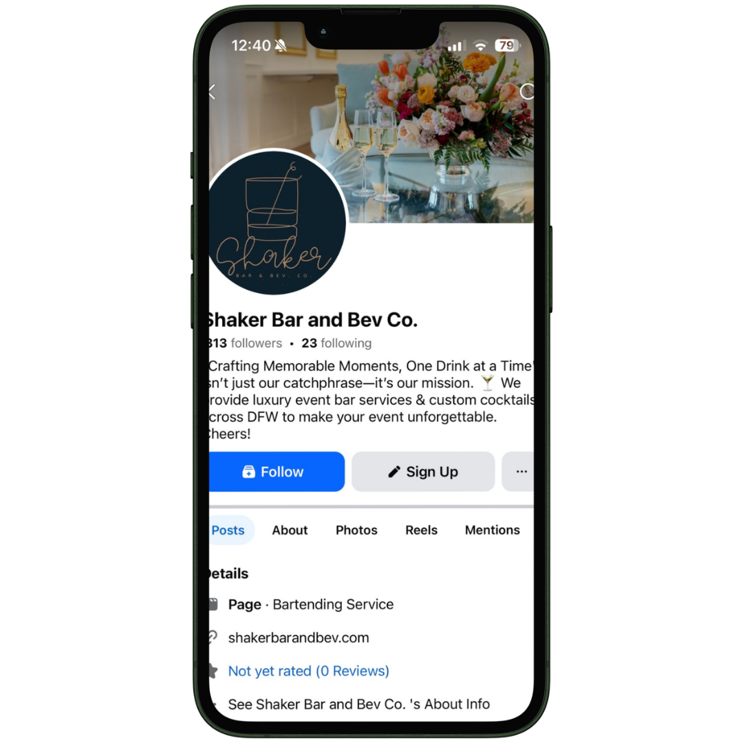 Facebook profile for Shaker Bar and Bev Co., social media management by Wise Marketing in Decatur, Tx.