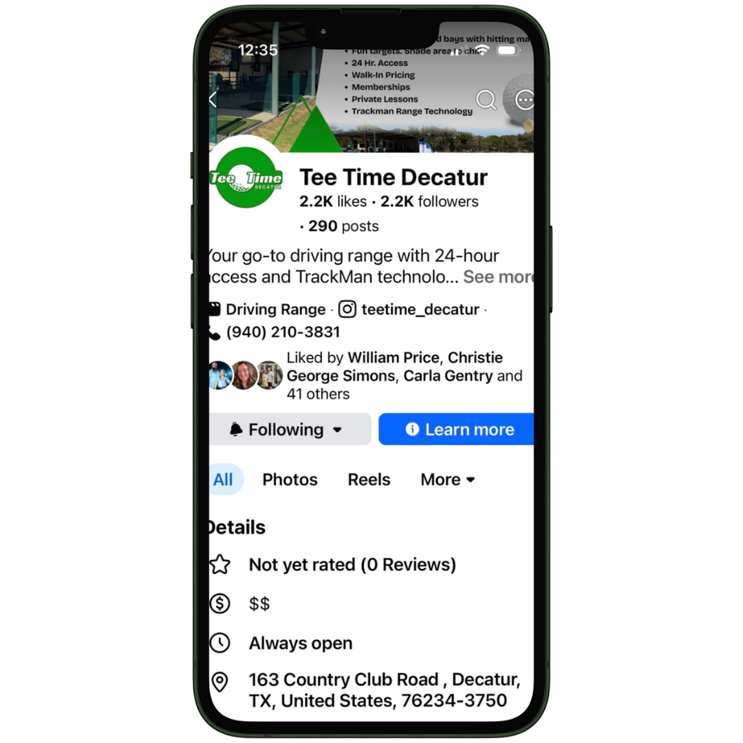 Tee Time Decatur's Facebook profile page, social media management by Wise Marketing.