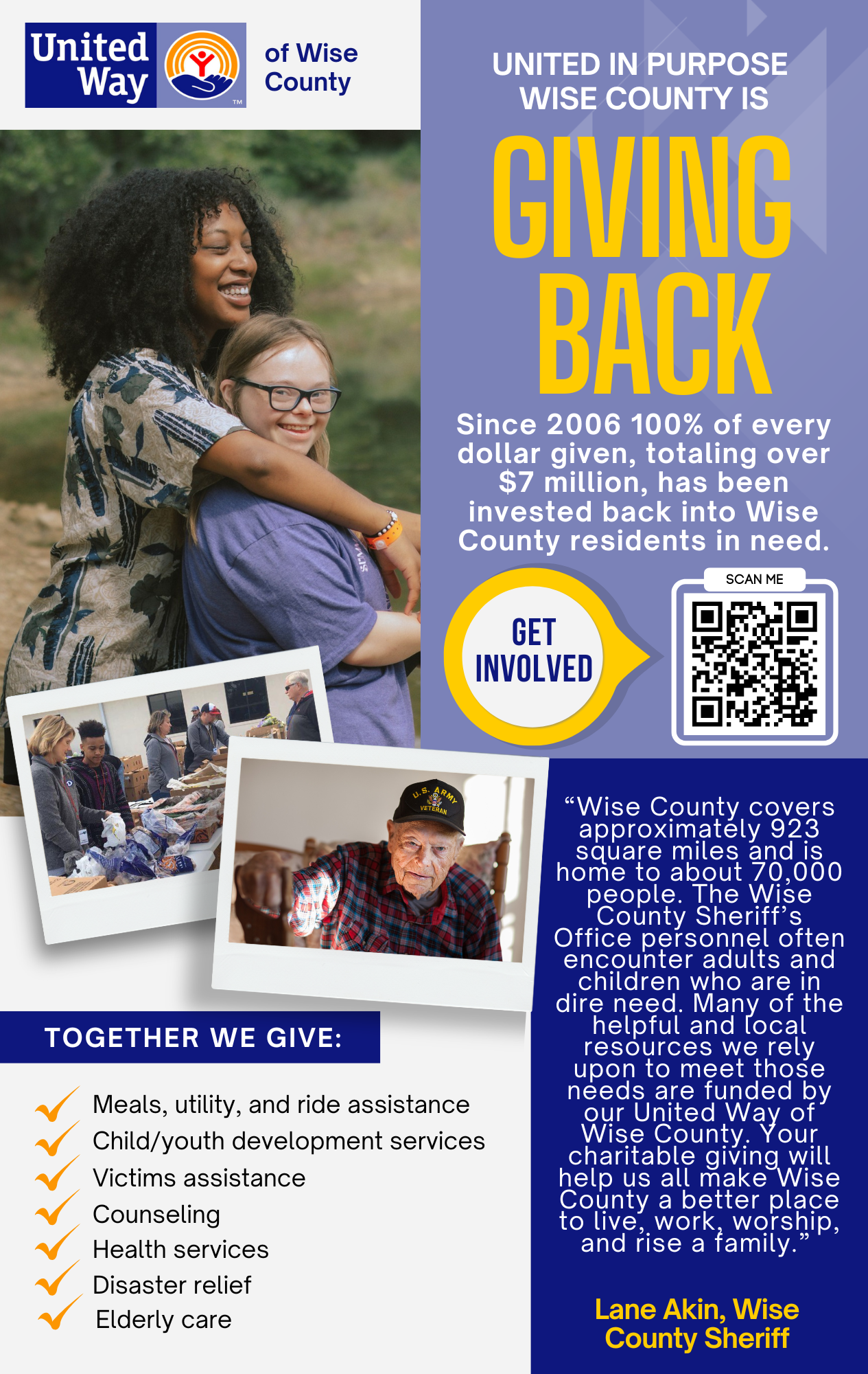 United Way of Wise County flyer promoting charitable giving. Features the text 'Giving Back' and highlights that since 2006, $7 million has been invested back into Wise County residents. Includes images of community members, a QR code, and details on
