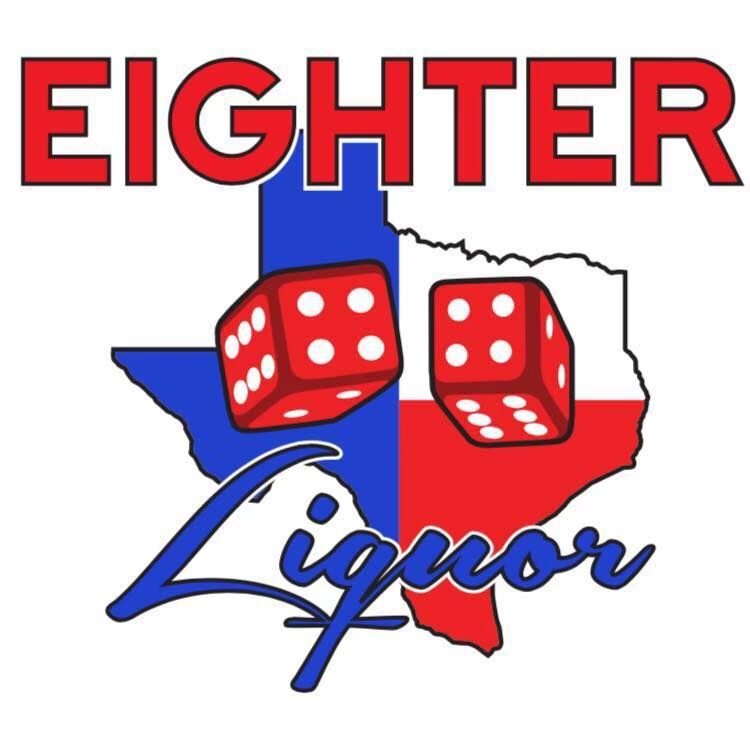 Graphic design with the words 'EIGHTER Liquor', a Texas outline divided into blue and white with red at the bottom, two red dice, and stylized text.
