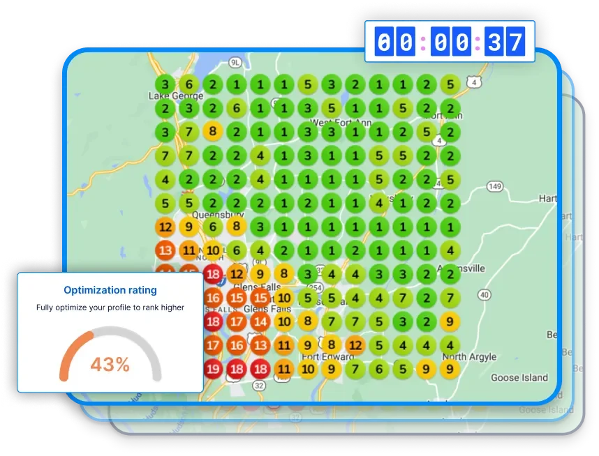 A map dotted with numbered circles of varying colors representing optimization scores, with a timer at the top showing 00:00:37, and a small gauge indicating a 43% optimization rating.