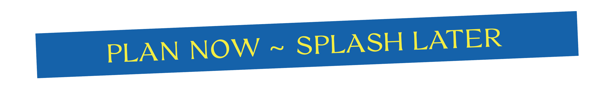 Blue banner with yellow text reading 'PLAN NOW ~ SPLASH LATER' in a playful, tilted font.