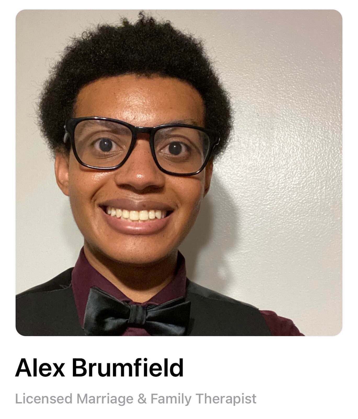 New Member Celebration!! 🎉 

Welcome Alex Brumfield to the Frequency Fam 🙌🏻

Alex (he/him) is a Licensed Marriage &amp; Family Therapist, and primarily works with young adults, partners, and families. 

Alex aims to support people in managing rela