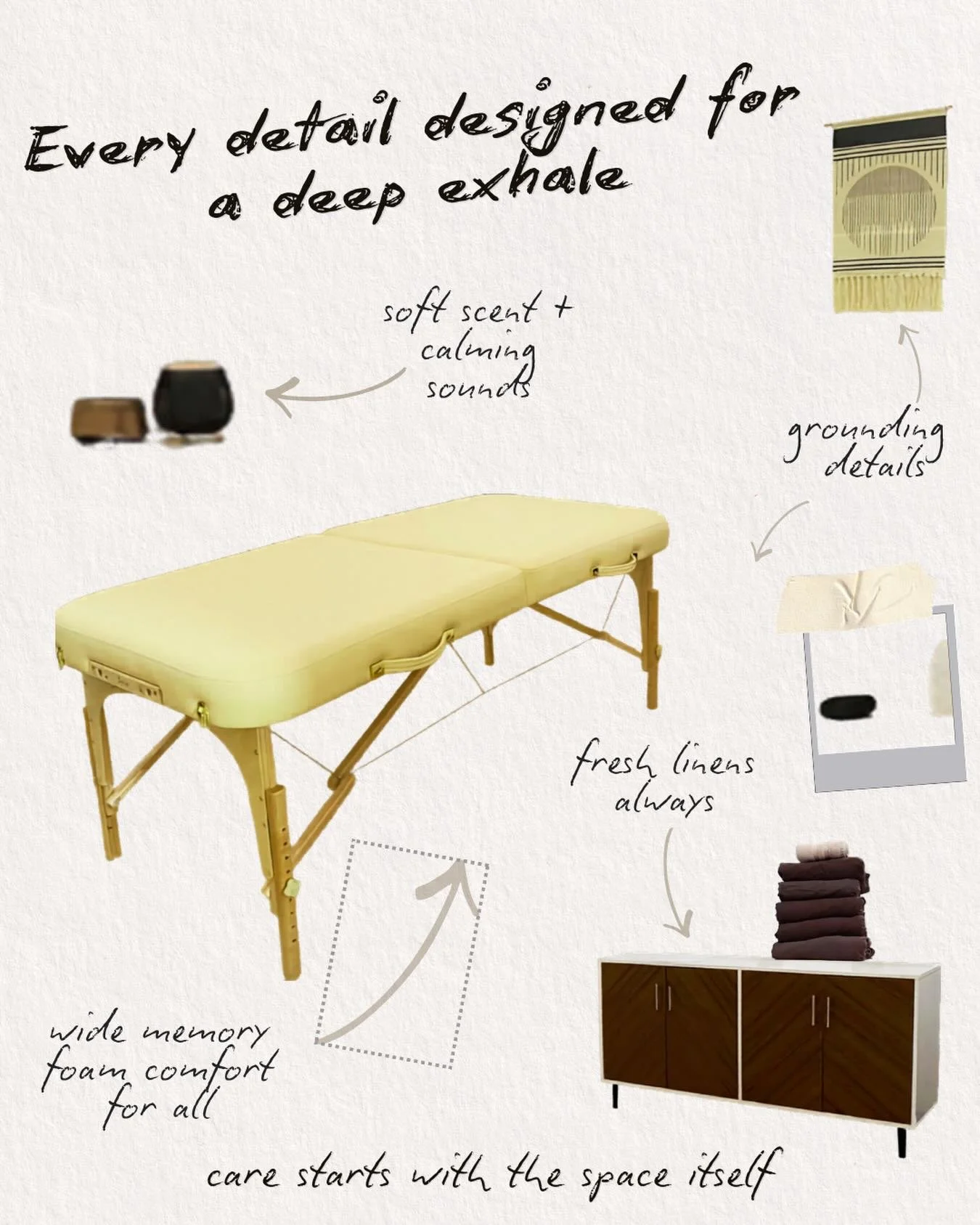 The little details matter.

The soft lighting.
Fresh linens.
The calming sounds.
The wide memory foam tables.
The quiet touches that help your body soften the moment you walk in.

We believe care starts with the space itself.

Whether you&rsquo;re a 