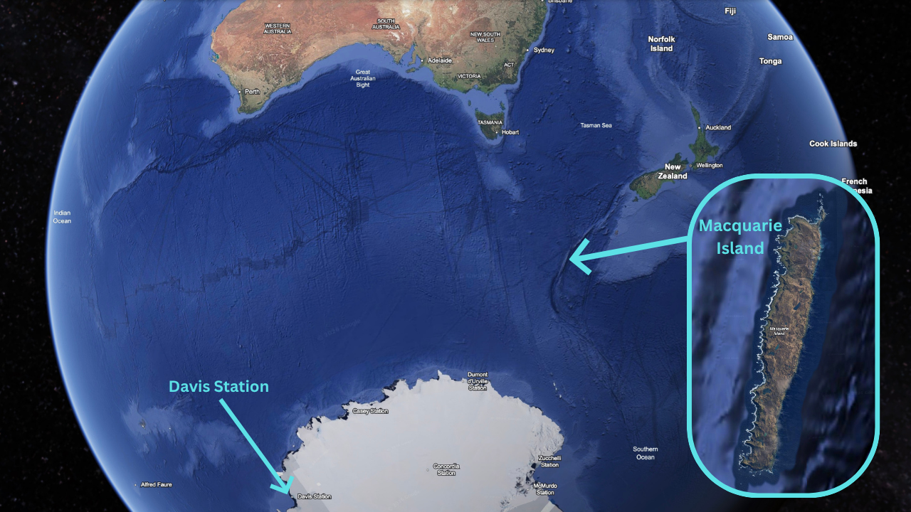 A map of Macquarie Island and Davis Station in Antarctica, shown below Australia