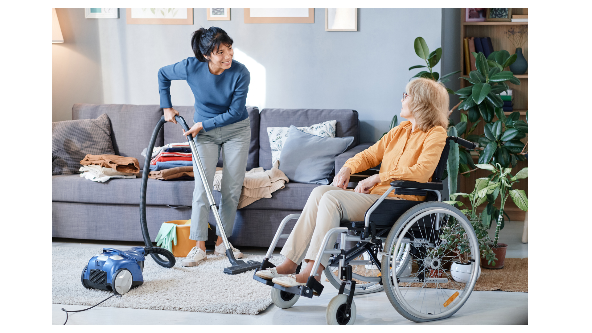Support worker assisting NDIS participant at home while family carer takes a break