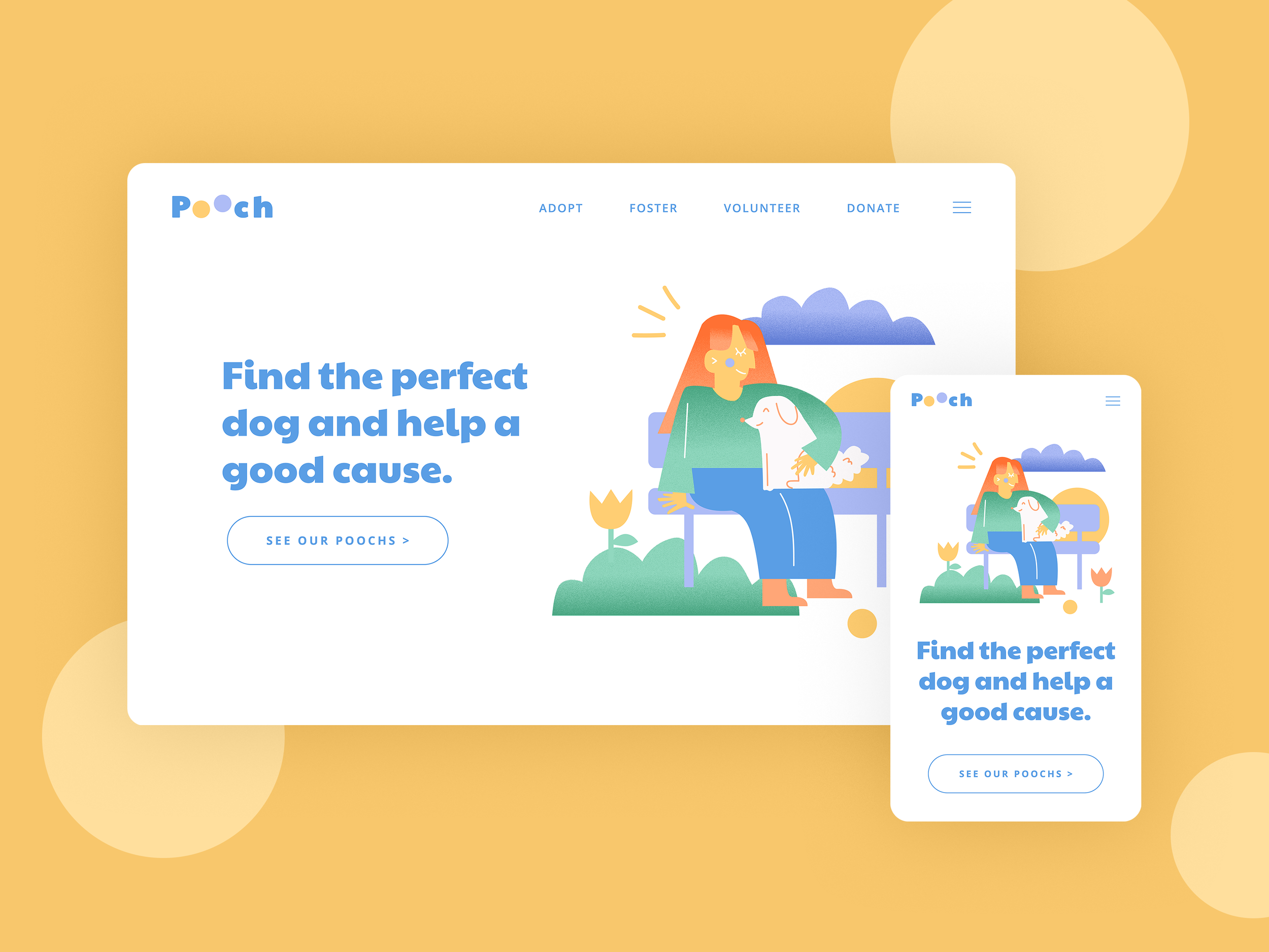 Website design for "Pooch" showcasing a woman and a dog sitting on a bench. The text encourages adoption and volunteering for a good cause, with a call-to-action button labeled "See Our Poochs". The design is colorful with minimalistic illustrations.