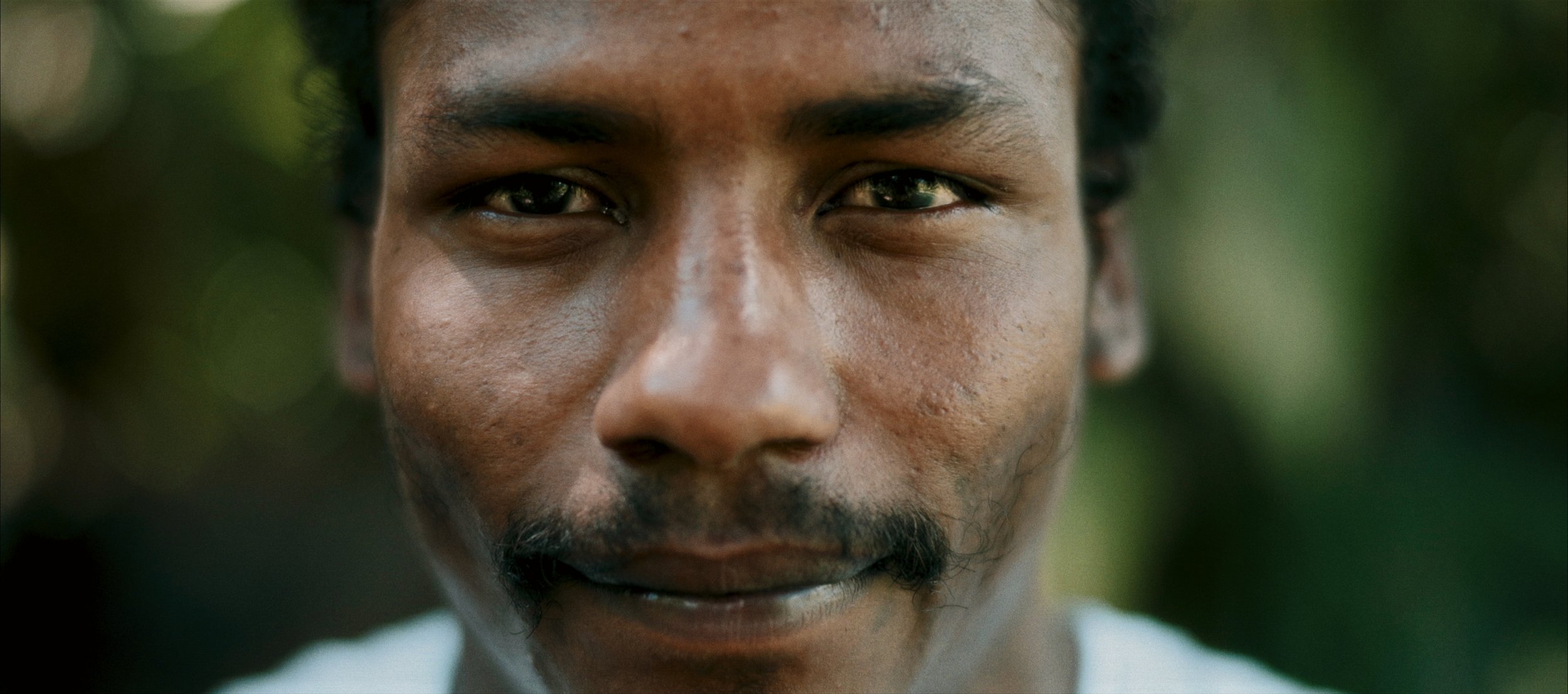 Close-up of a young man's face with dark skin, smiling gently, with a blurred green background.