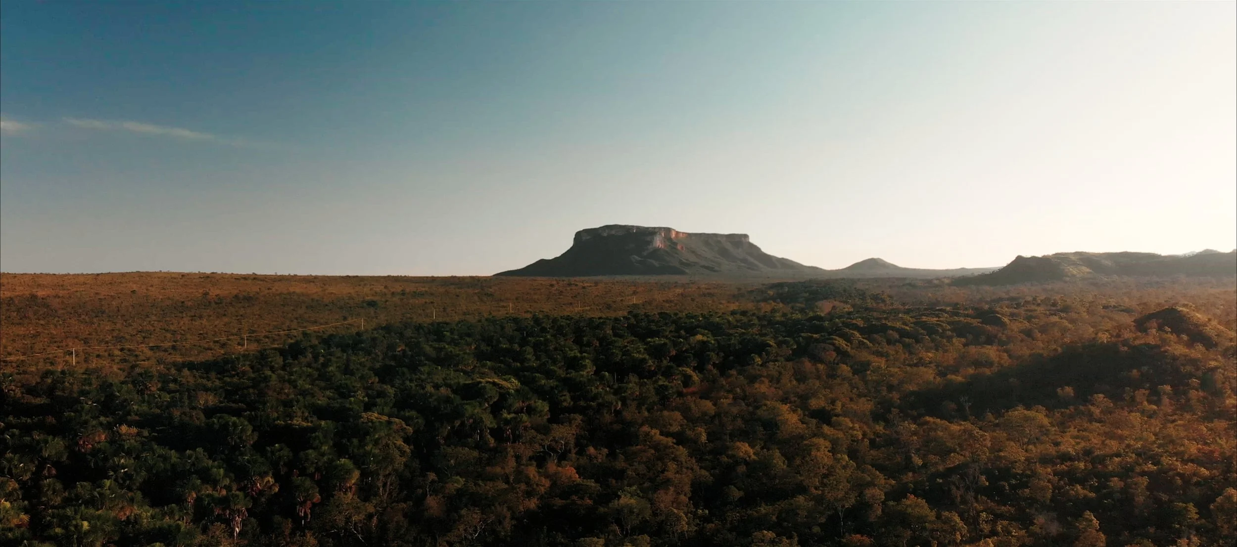A landscape with a flat-topped mountain in the distance, surrounded by forest and rolling hills under a clear sky.