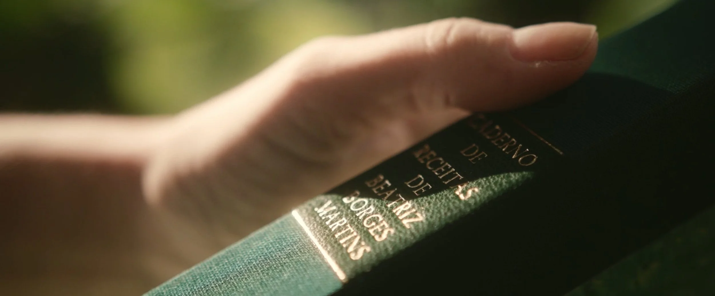 Close-up of a person's hand holding a green book with gold lettering on the spine, reading "Gobierno de los Derechos de la Salud de Bogotá, Martens".