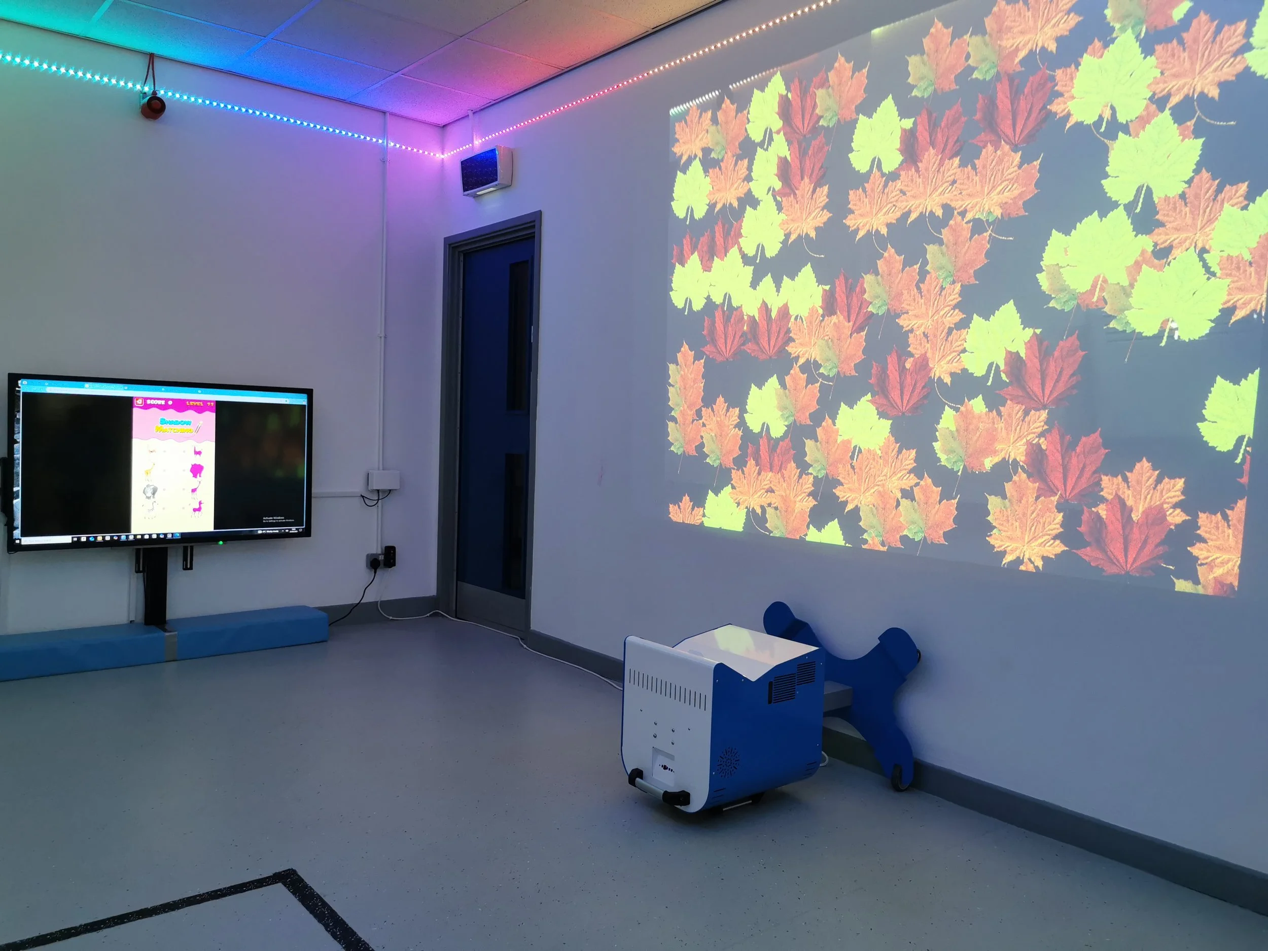 Room with a projected image of autumn leaves on the wall, a television displaying a game, and a small projector on the floor.