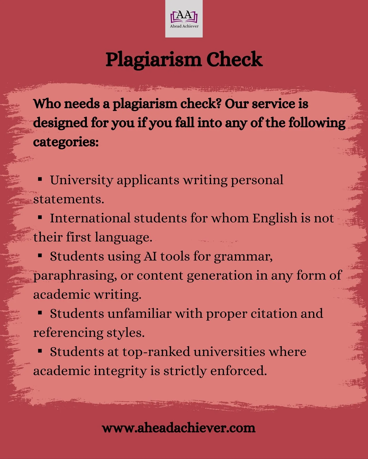 🚨 Who needs a plagiarism check? Our service is designed for you if you fall into any of these categories. 

🔔 Better safe than sorry. Run a plagiarism check for the most accurate and reliable similarity and AI writing reports before you submit your