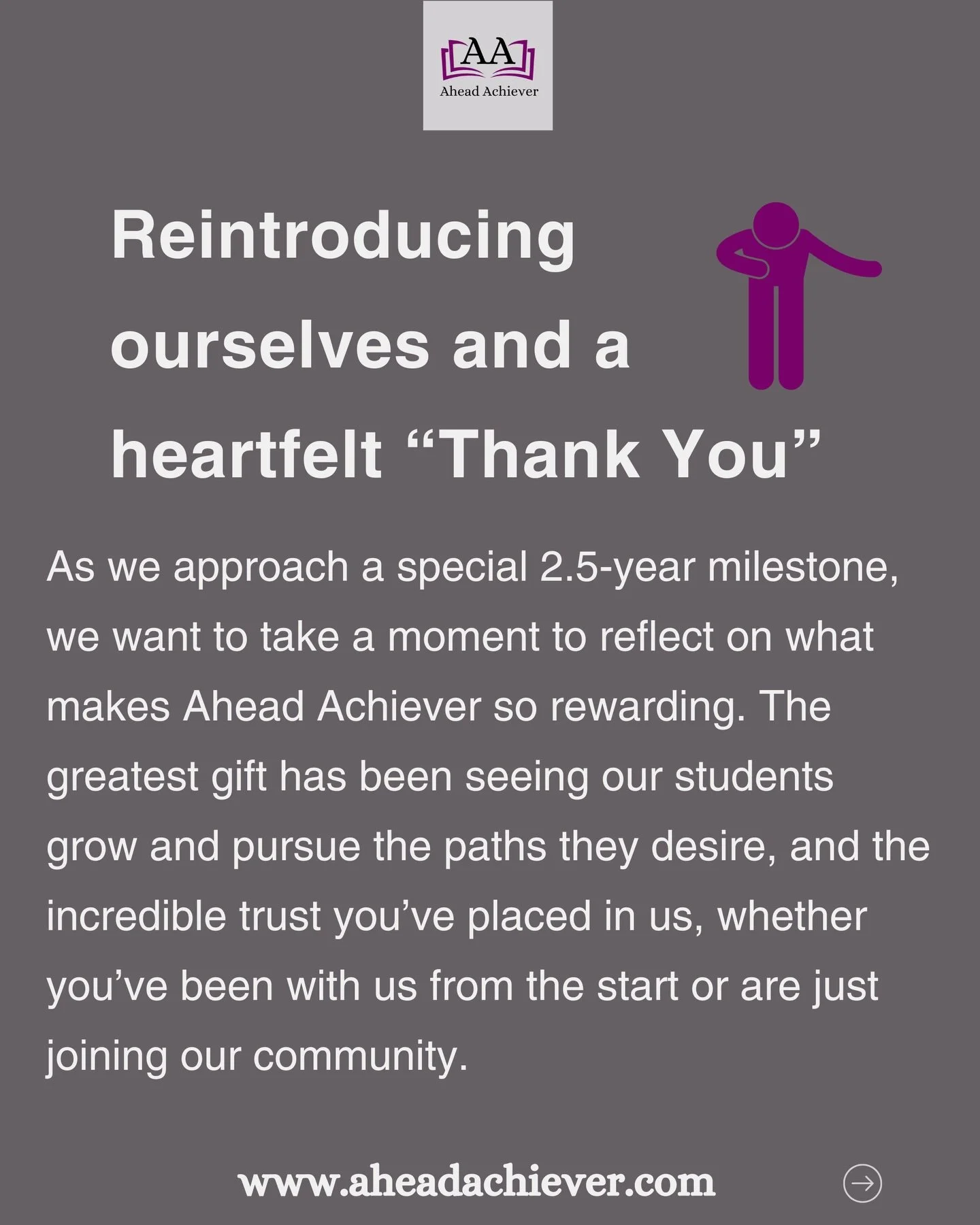 As we approach our special 2.5-year milestone and our family continues to grow, we want to reflect on what makes Ahead Achiever so rewarding and take this perfect time to reintroduce ourselves 😊
​
Visit our website to discover how we can support you