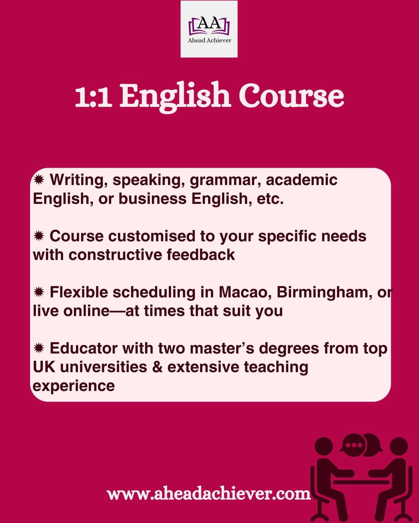 Unlock your English potential with our bespoke One‑to‑One English Course
​
Designed for learners who demand results, this course adapts to your goals and pace, whether academic success, workplace fluency, or everyday confidence. 
​
With individual at