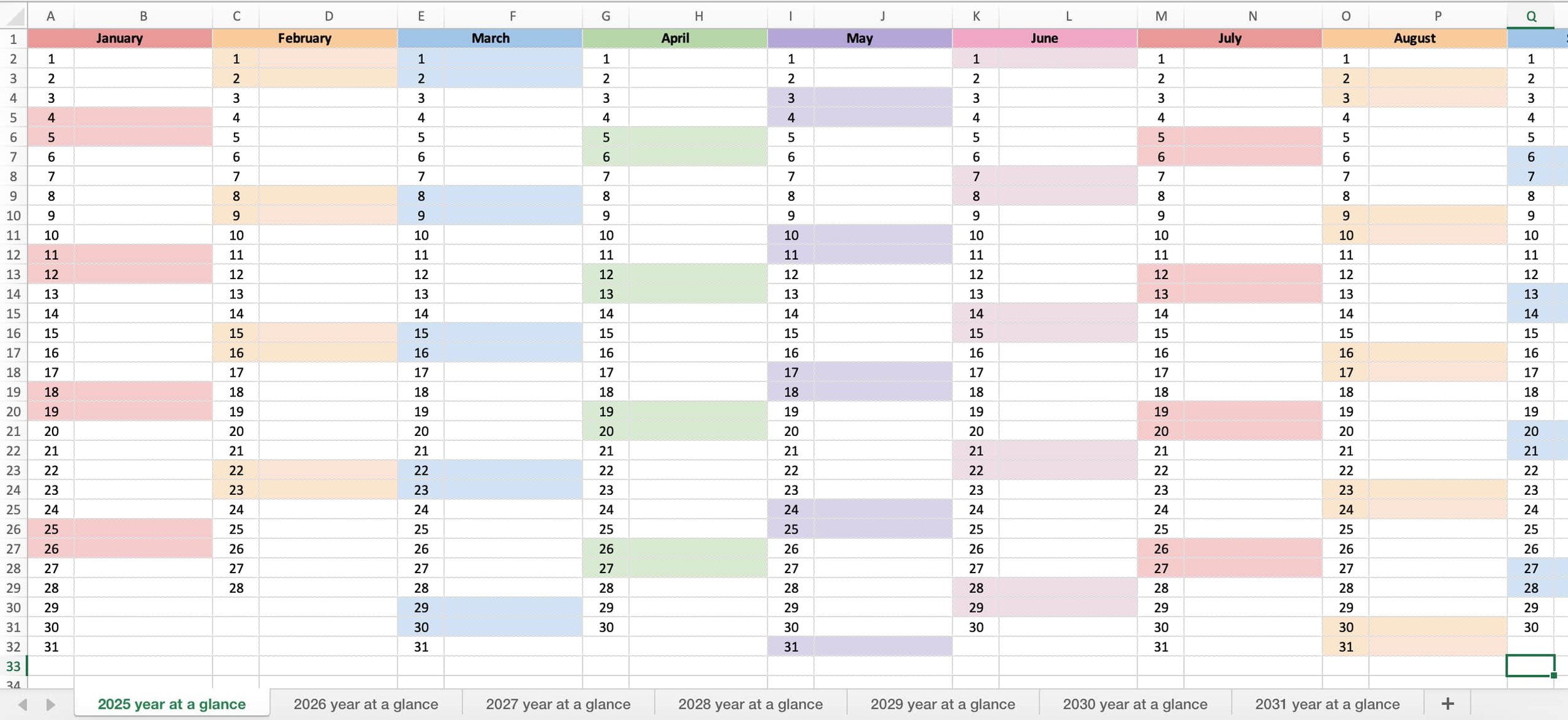 2025 Year At A Glance Calendar