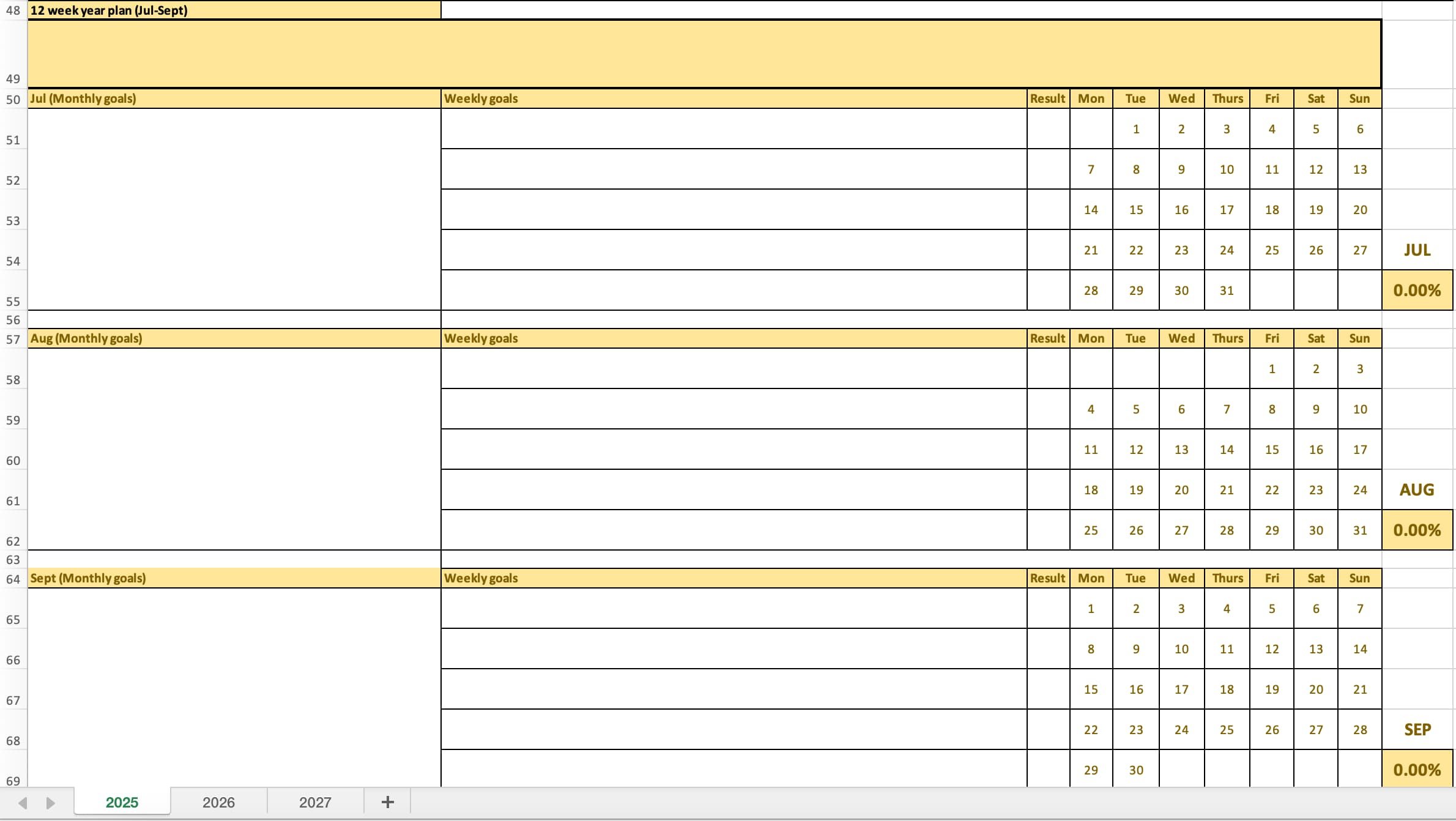 12 Week Year Plan 2025, Jul-Sept