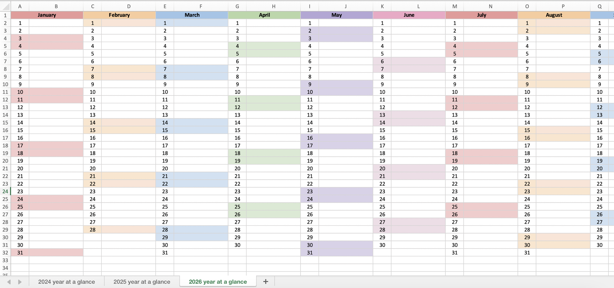 Ahead Achiever — Year At A Glance Calendar 2024, 2025, 2026 (Excel)