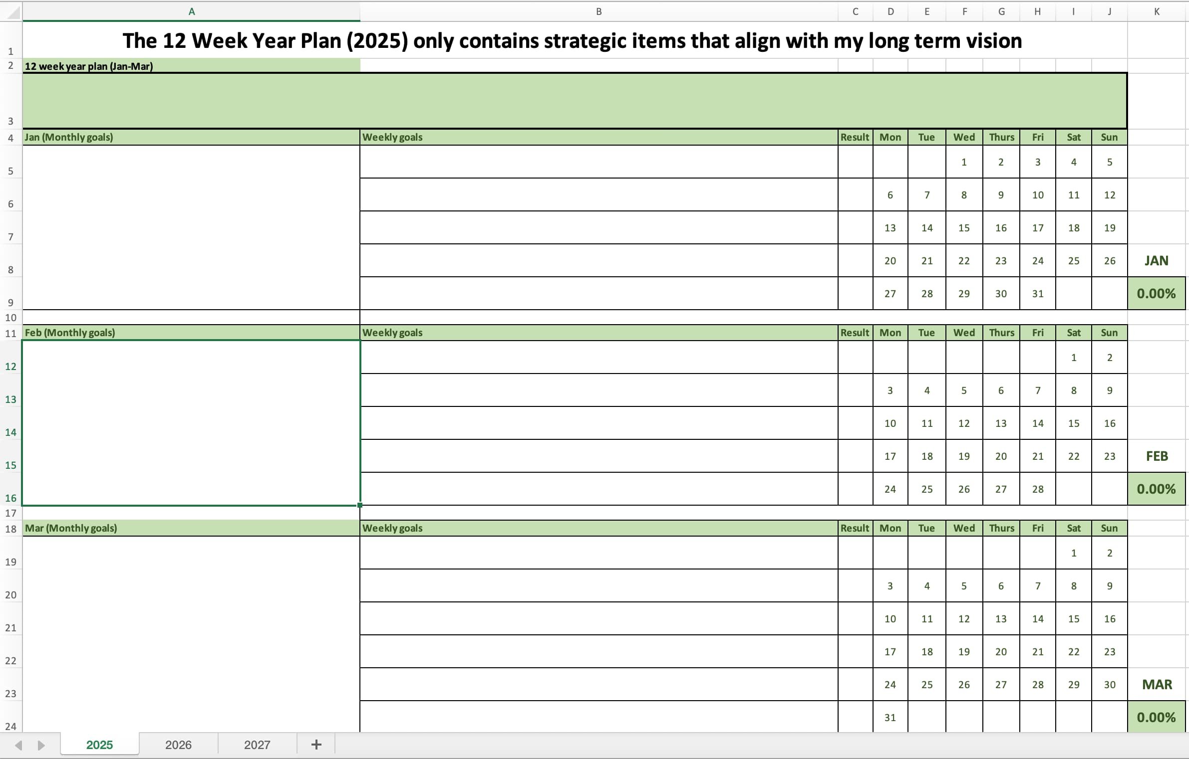 12 Week Year Plan 2025, Jan-Mar
