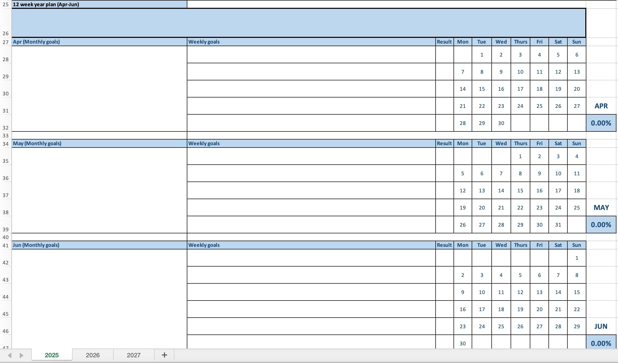 12 Week Year Plan 2025, Apr-Jun