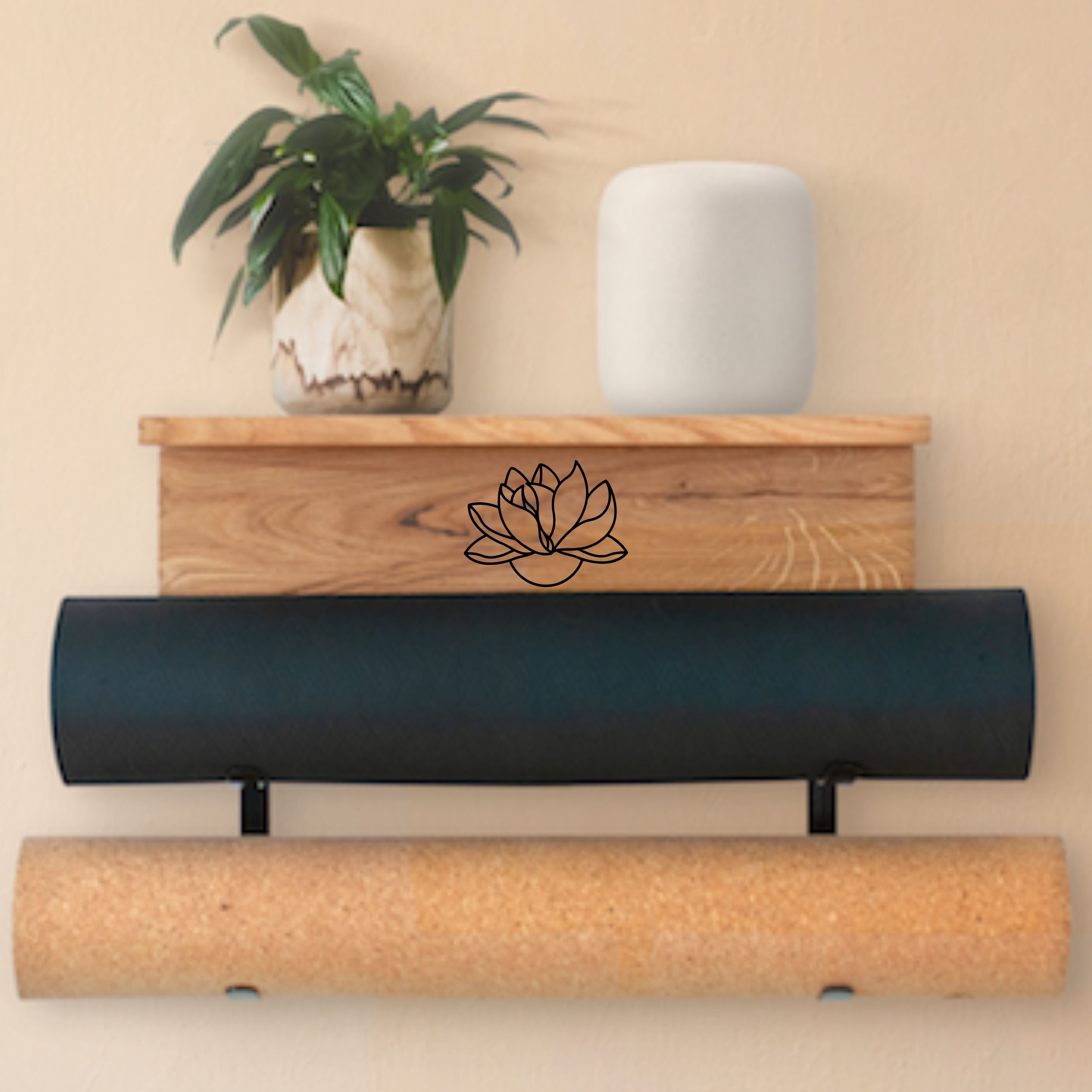 Keep your yoga mat off the ground with our stylish Yoga Mat Holder! It doubles as Wall Decor and Yogamat Shelf, providing Unique Mat Storage. The Personalized Rack is an excellent Gift for Her.