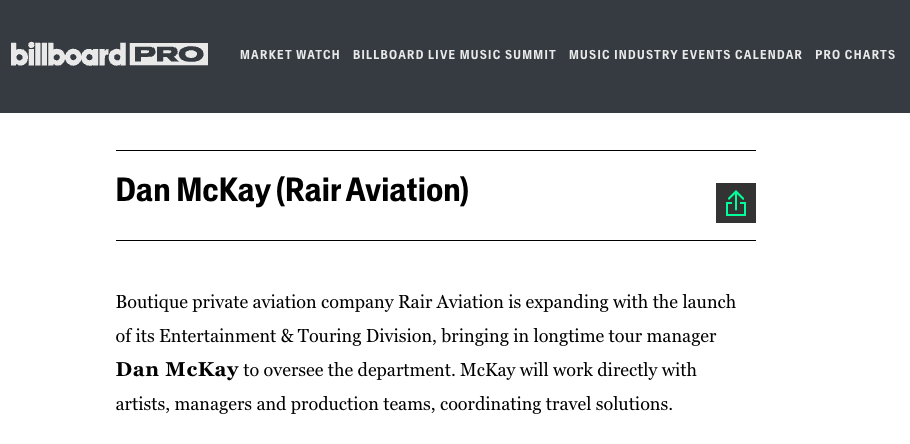 Rair Aviation is expanding with the launch of its Entertainment &amp; Touring Division
