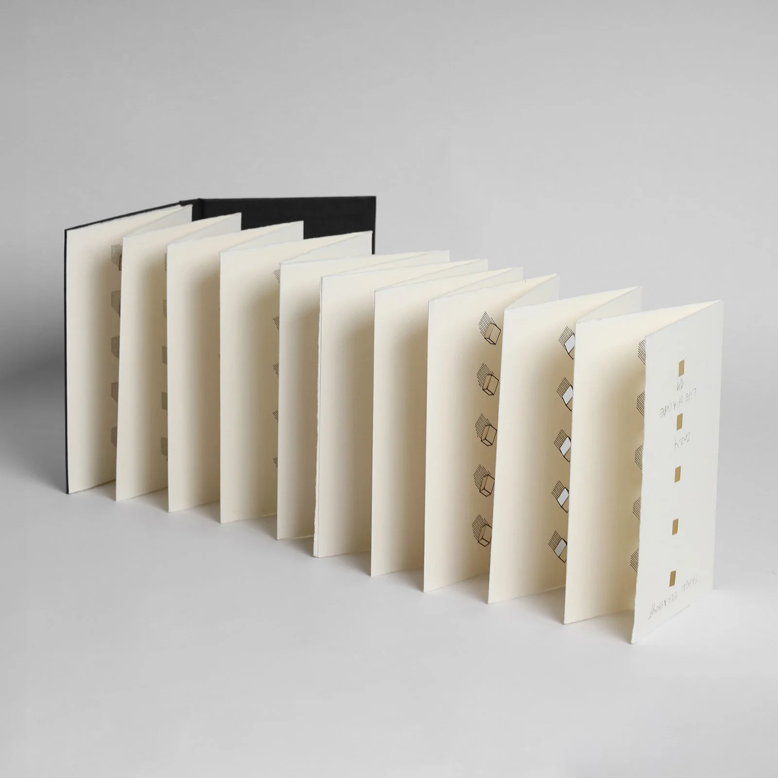 This constant generation of space is deeply inspiring. Mirroring the endless capacity for creation. 
 
Life of a Cube, 2024, Ink on paper, Leporello / 18 x 12 x 240 cm 
 
Photography credit @lumin_stills 
 
#tarekelkassouf #leporello #paper #inkonpap